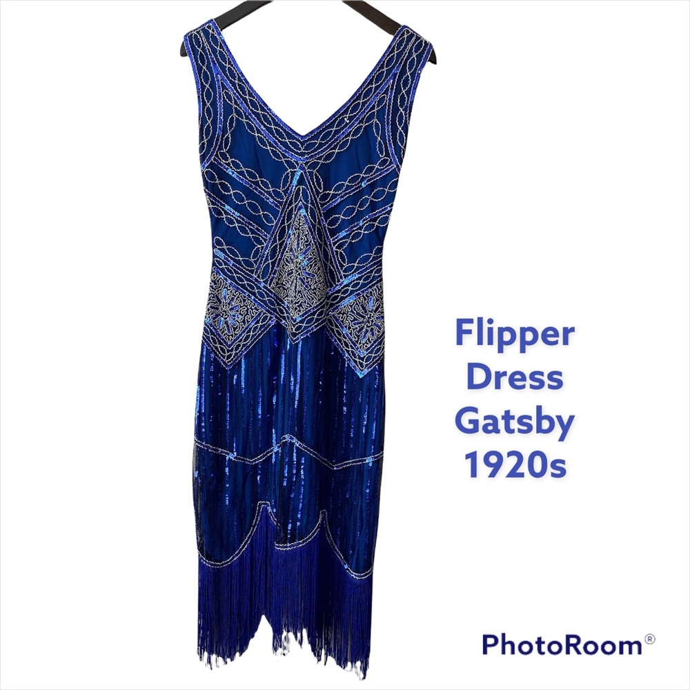 BABYEYOND 1920s Flipper Dress Royal blue silver beads fringe roaring size Small